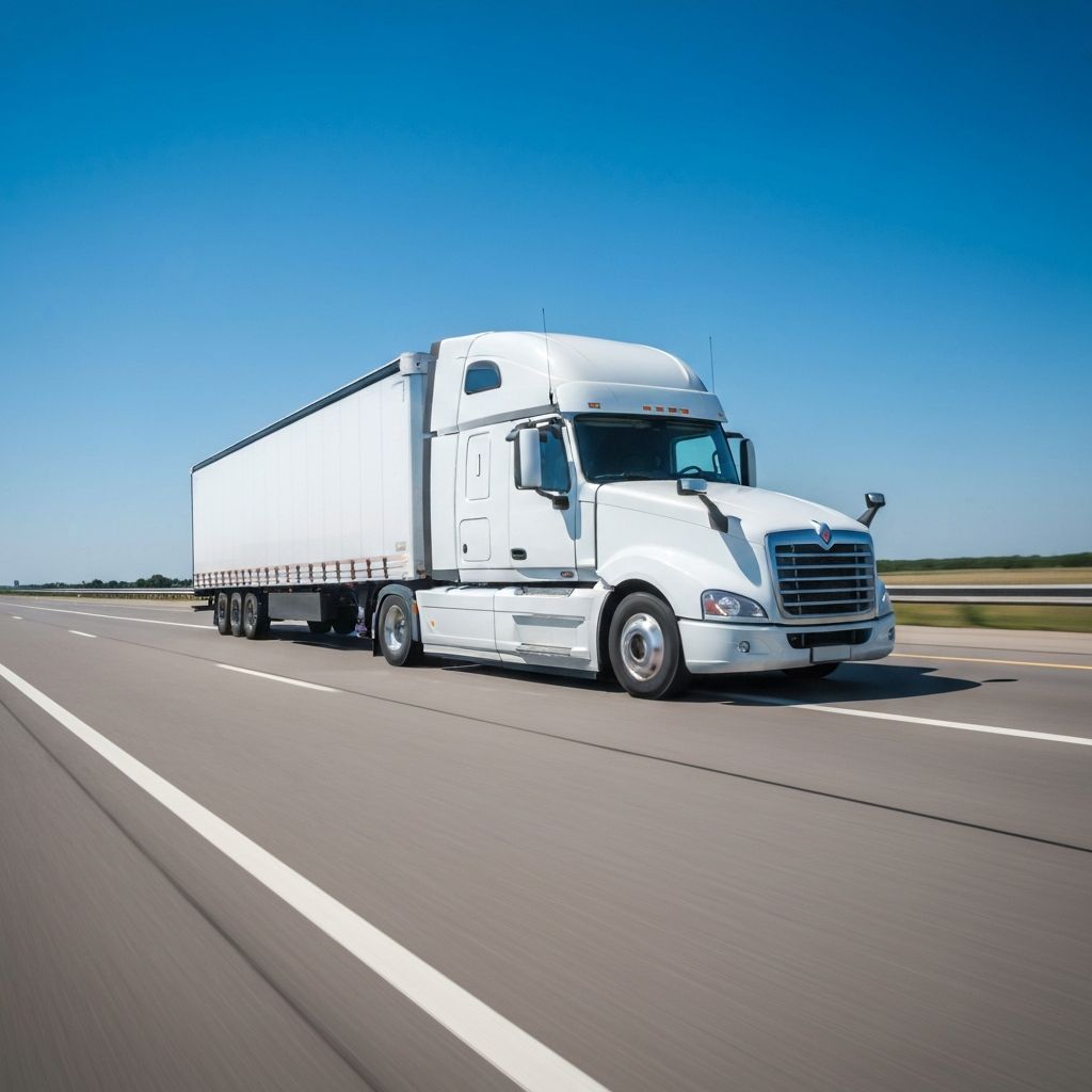 Single tractor-trailer on open road, clear daylight
