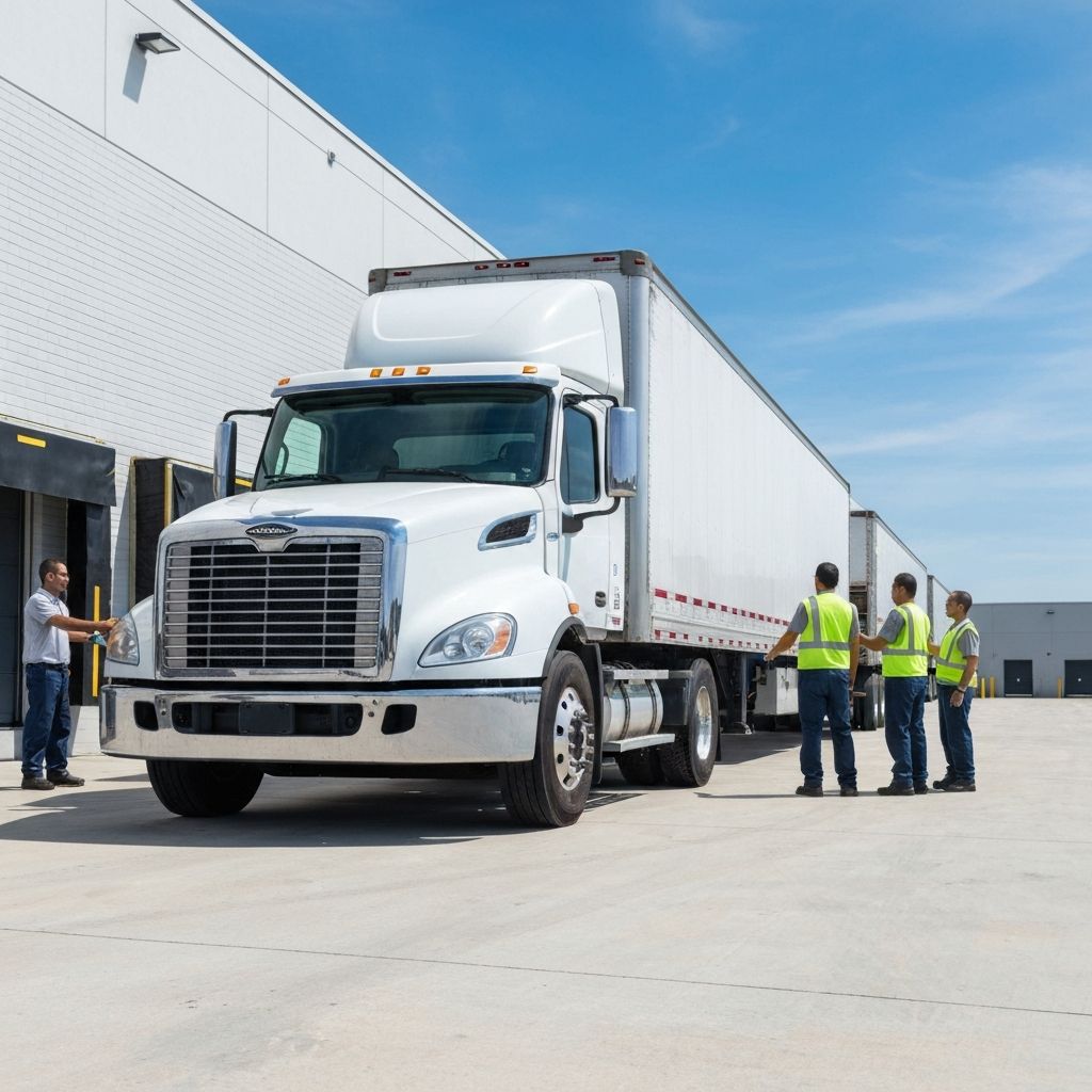 Truck at dock with crew coordinating a handoff